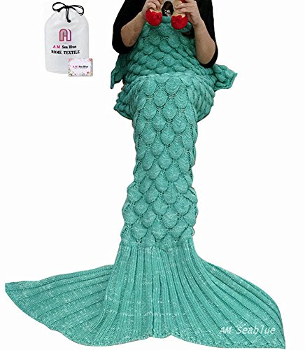 A AM SeaBlue Meerjungfrau Decke, Handgemachte häkeln meerjungfrau Flosse Decke für Erwachsene, Mermaid Blanket alle Jahreszeiten Schlafsack (608 Green)