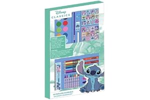 CERDÁ LIFE'S LITTLE MOMENTS Zestaw papeterii do kolorowania Stitch – kompletny zestaw szkolny dla dzieci z kolorowymi ołówkami, markerami i akcesoriami tematycznymi Lilo & Stitch do rysowania, malowania i nauki, Pudełko Stitch