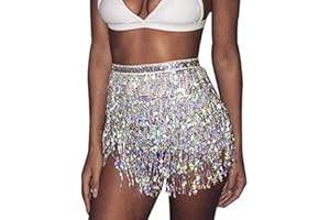 Unicra Sequins Tassel Skirst Belly Dance Skirt Festival Outfit Ballet Dance Fringe Hip Scarf Costume Rave Mini Skirts for Women and Girls