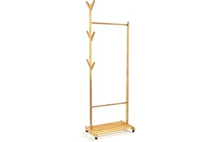 bambuswald© portemanteau mobile | Porte-manteau 100% bambou environ 173x54,5x36cm avec rangement - crochets séparés et espace pour accessoires | Porte-vêtements Armoire à roulettes