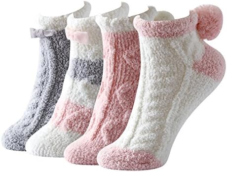 Sweet Nana Fashionable Colorful Stripe Super Soft Cozy Winter Warm Slipper Crew Socks For Womens Non Skid Anti Slip Grip Fuzzy 4 Pairs Pack (Pink series)