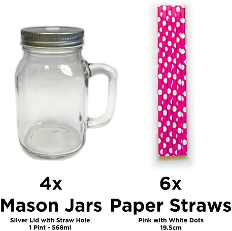 Unowall Set of 4 Mason Jars with Silver Lids &amp; Straw Holes - with Set of 6 Straws - Pink with White Dots (JM-STRAW-306)