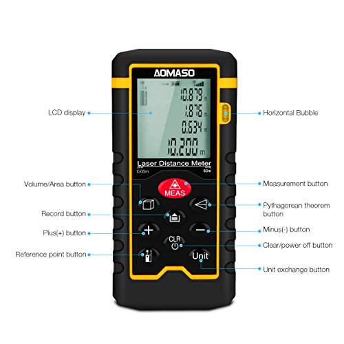 Professional Portabler Laser-Entfernungsmesser, Aomaso Digital-Maßband-60m Laserabstand (Messbereich 0,05 ~ 60m / ± 2,0mm mit LCD-Hintergrundbeleuchtung, Staub- und Spritzwassergeschützt IP54) inkl. Volumen / Fläche / Pythagoras / Kontinuierliche Messungen - 5
