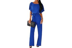 YILEEGOO Women's Casual Jumpsuits Solid Color Batwing Sleeve Playsuit Crewneck Loose Rompers Belted Wide Legs Overall S-3XL