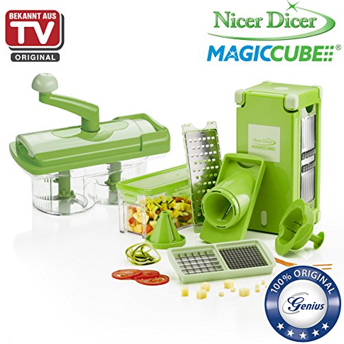 Genius Nicer Dicer Magic Cube | inkl. Nicer Twist | 19 Teile | Schneiden | Reiben | Julienne | Spiralen | Hobeln | Würfeln | Obst- und Gemüseschneider | Bekannt aus TV | NEU