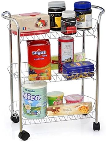 FLM Wheeled Shelves SLZDC03 - 3 Tire Heavy Duty Wire Mesh Rolling Cart for Serving Utility Organization,Silver