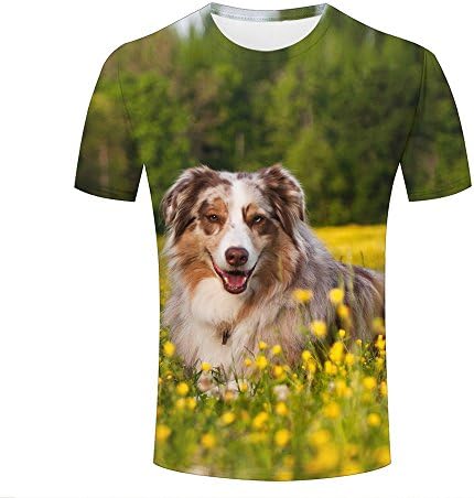 WEIYI BO Mens Casual 3D Animal Print Tees Yellow Flowers and Pet Dog Crew Neck Short Sleeve T-Shirts Tops for Couples XXL