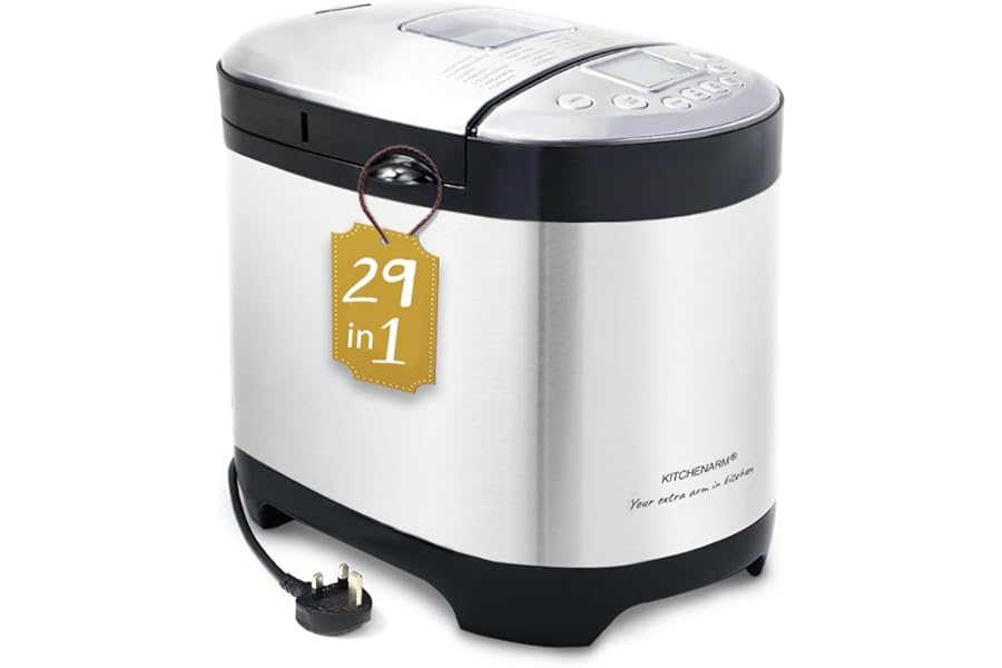 KITCHENARM 29-in-1 SMART Bread Maker Machine UK Model with Gluten Free Setting - 900G 700G 500G Stainless Steel Breadmaker with Recipes for UK - Wholemeal Bread Machine with Homemade Cycle