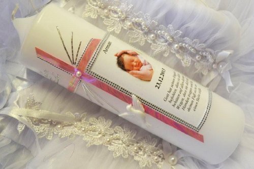 Taufkerze Kommunionkerze Junge Mädchen ink. Foto Spruch Beschriftung 250/70 mm T-192