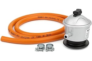 isigno Regulador de Gas butano + Manguera de Goma 1,5 m + 2 Abrazaderas Kit de Instalación para Cocina de Gas, Estufa, Caldera, Barbacoa y Camping