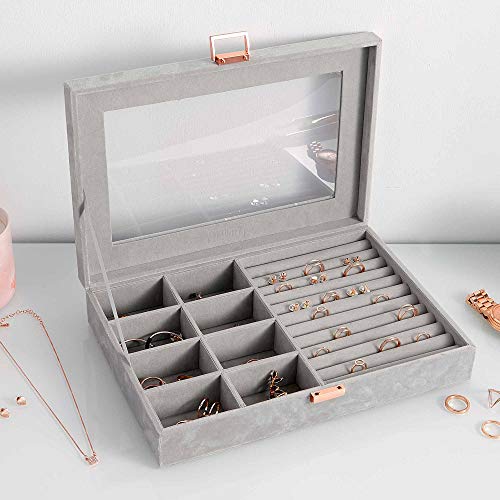 Preisvergleich Produktbild Beautify Schmuckkästchen / Schmucklade / Schmuckaufbewahrungsorganizer Schatulle aus Grauem Samt - 8 Gitterfächer & Ringkissen - Klarsichtfenster (Grau)