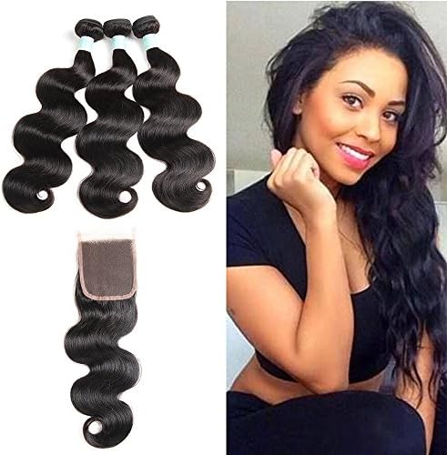 8A Brazilian Body Wave Bundles With Closure Virgin Hair 3 Bundles With Lace Closure 100% Unprocessed Human Hair Weave Weft Extensions Natural Color (14 16 18+12inch Closure)