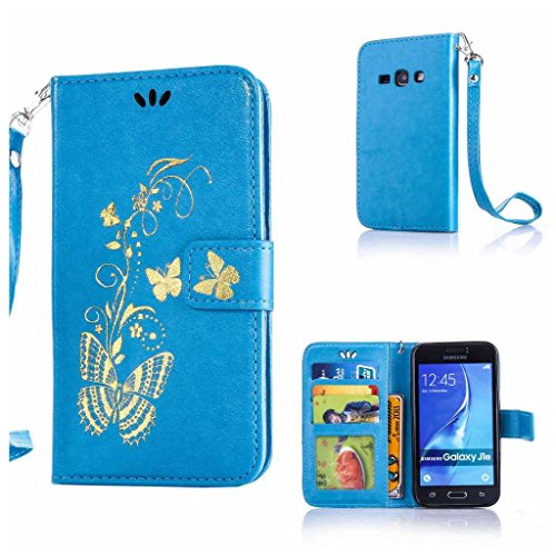 Galaxy J1 2016 Hülle Ledertasche [mit Frei Hartglas Displayschutzfolie], KKEIKO® Schutzhülle PU Leder Tasche Hülle Case für Samsung Galaxy J1 2016, Wickelfalz Handyhülle mit Bändselloch Standfunktion Karteneinschub und Magnetverschluss, Kratzfeste Lederhülle Flip Wallet (Blau #7)