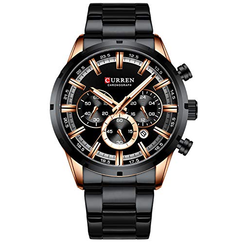Relojes para Hombre Negro Moda Acero Inoxidable Deportivo Analógico Reloj Cronógrafo Impermeable Negocios Reloj de Pulsera