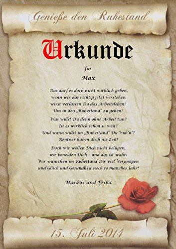 Ruhestand Urkunde persönliche Geschenk Karte zur Rente Abschied Berufsleben Pergament div. A4 Papier Motive - 2