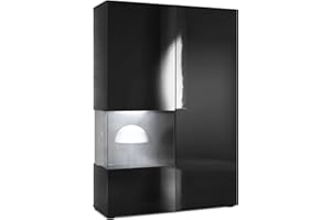 Vladon Vitrina Cómoda Morena, Cuerpo en Negro Mate/Puerta Derecha e inserción en Negro de Alto Brillo con iluminación LED