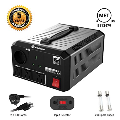KRIEGER 1150W Transformador 220v a 110v, 1150 Vatios de Potencia Máxima, Convierte Voltaje de 220-240 Voltios a 110-120 V y viceversa, Transformador con Núcleo Toroidal Aprobado por MET bajo estándares UL y CSA