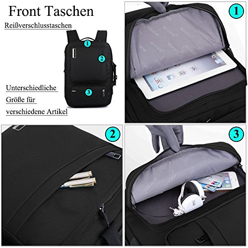 SOCKO 17,3 Zoll Mehrzweck Laptop Rucksäcke Reiserucksack Wanderrucksäcke College Studenten Rucksack Business Henkeltasche Aktentasche Schultertasche Umhängetasche mit Griffe und Tragriemen für 17 – 17,3 Zoll Laptop/ Notebook / Macbook Computer,Schwarz-Schwarz - 3