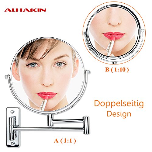 ALHAKIN 360° Bad Spiegel 1 /10-Fach Vergrößerung Doppelseitiger Schlafzimmer 8 Inch Wand Kosmetikspiegel 34.5*23.3*27 cm / Chrom gebürstet / Kein LED - 5