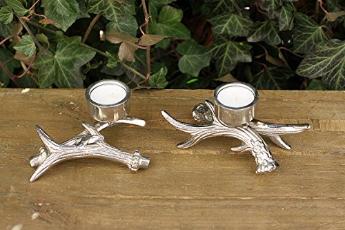 condecoro Kerzenhalter Hirsch- Geweih Landhaus Kerzenleuchter in silber 2er Set