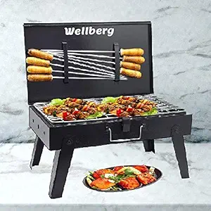 Wellberg Briefcase Charcoal Barbecue Grill with 9 skewers, 1 Grill, 1 Tong