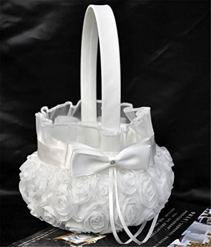 OYang Rosette Theme Ivory Wedding Ring Pillow Bearer Flower Girl Baseket Guest Book and Pen Set with Pure White Satin Rose