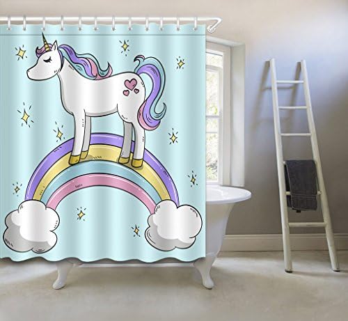 Cartoon Animal Printed Shower Curtain For Children ,Cute Unicorn Polyester Fabric Bathroom Decor Set with Hooks ,60x72Inches,White ,Pink ,Purple,Yellow