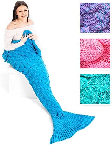 LayCosy Mermaid Tail Blanket - Premium Hand Knitted Mermaid Blanket with Fish Scales - Comfortable and Warm All Season Sleeping Bag Style Blanket Beautiful Fit for Petite Adults and Children - Blue