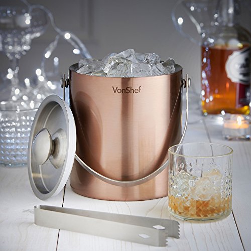 VonShef 2 Liter Doppelwandig Isolierter Kupfer Edelstahl Eiseimer mit Deckel, Tragegriff & GRATIS Zangen - 2