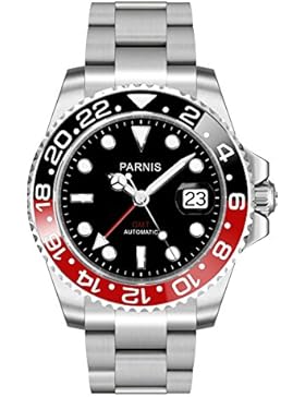 PARNIS Herren Automatikuhr 2034 BLACK & RED GMT Saphirglas Keramiklünette Datumsanzeige Ø 40mm massiv Edelstahl...