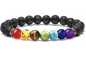 LATRAT BRANSOLETKA 7 czakr kamienie naturalne, koraliki 7 czakr, bransoletka z kamienia naturalnego 8 mm, bransoletka damska i męska elastyczna bransoletka, One Size, kamień wulkaniczny