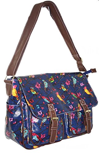 New Womens Oilcloth or Canvas Satchel Handbag Ladies Messenger Cross Body Shoulder Bag in Owl Butterfly Rose Print CB159 (Oilcloth Bird Royal Blue)