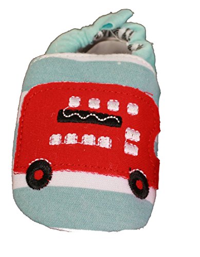 Baby Boys Blue & White Stripe Shoes Slippers Contrasting Red Bus Detailing In 3 (12-18 Months)