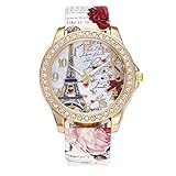 Damen Paris Eiffelturm Uhren Vintage Elegant Uhr Strass Diamant Einlage Leder Band Analog Quarz Armbanduhr Groveerble