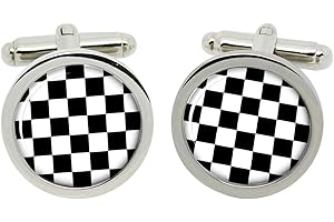 GIFT SHOP Chequered Checked Flag Racing Cufflinks in Chrome Box