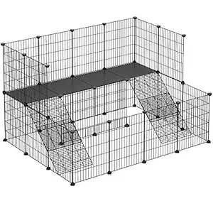 SONGMICS Pet Playpen, Small Animal Playpen, 1.5-Level Metal Mesh Fence with Ramps, for Guinea Pigs, Hamsters, Ferret, Rabbits, with Rubber Mallet, Black ULPI004B01