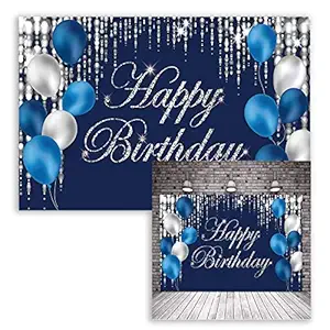 Happy Birthday Backdrop Banner Navy Blue and Silver Happy Birthday Sign Photo Studio Backdrop Baby Shower Birthday Party Decorations for for Boys Men Children (7x5ft)