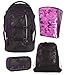 Produktbild Satch Pack by Ergobag Purple Hibiscus 4-tlg. Set Schulrucksack + Sportbeutel + Schlamperbox inkl. Geodreieck + Heftebox Tripleflex Lila