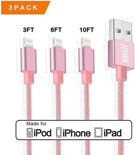iPhone Charging Cable, JISWK 3 Pack 3ft/6ft/10ft Nylon Braided Lightning Cable for Iphone/iPad Pro/Air/mini,iPod and More (Rose gold)