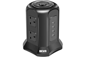Tower Extension Lead, Vertical Power Strip with 6 sockets and 4 USB Ports, BEVA Multi Plug Charging Station with 2M Extension Cord for Home, Office, Black