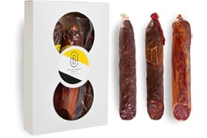 Balsanera Ibérico - Lotto assortito di affettati Iberici di Ghianda Spagnoli | 3 x 500 gr| 1 Lonza di maiale di Ghianda 100% iberica|1 Salsiccia di Ghianda iberica | 1 Chorizo di Ghianda iberico