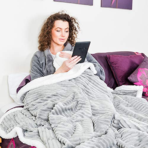 Sherpa Throw blanket, incredibly soft and cosy. One side is contemporary stripe flannel and the othe