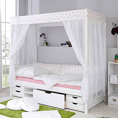 Preisvergleich Produktbild Pharao24 Mädchen Himmelbett in Weiß Rosa Kiefer Massivholz