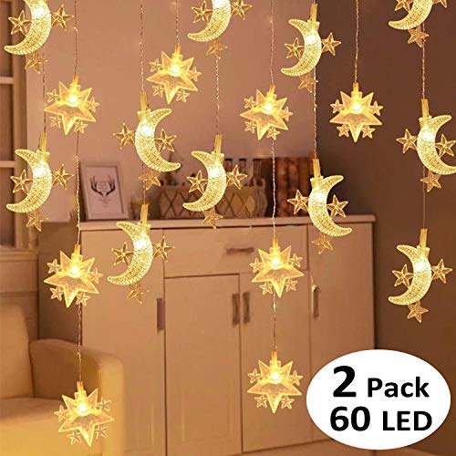 Hoovo 3M 30LEDs Guirnalda de Luces Luna Estrella para Navidad Fiestas Bodas Dormitorio Festivales (Blanco Cálido, 2 Paquetes)