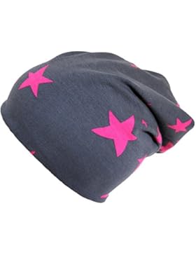 WOLLHUHN Long-Beanie, Wende-Mütze, ganzjährig, mit Sternen anthrazit/pink, Innenseite uni grau, für Mädchen, 20150808