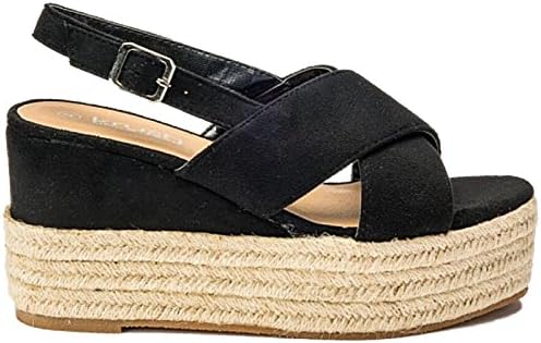 Ladies Faux Suede Cross Over Open Toe Fashion Raffia Cork Low Wedge Flatform Espadrille Sling Back Ankle Strap Summer Sandals Size 3-8 (UK 6/EU 39, Black)