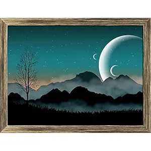 Pitaara Box Space Night Sky With Mountains & Close Planets Canvas Painting Antique Frame (20 Inch x 15 Inch _Golden)