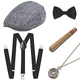 Jede Herren Kostüm Set beinhaltet: 1*Panama Gangster Hut, 1*Verstellbar Elastisch Hosenträger, 1*Herren Halsschleife Fliege, 1*Falsche Taschenuhr und 1*Plastik Zigarre