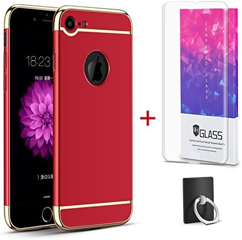Hanglong 3 in 1 Full Protective Phone Case with Electroplate Frame For iPhone 7 (with one Tempered Glass Screen Protector)-Red