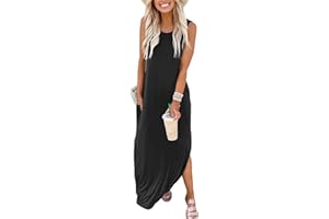 Cuptacc Robe Longue Femme Ete Debardeur col Rond sans Manche Robe de Soiree Plage Robes avec Poches Décontracté